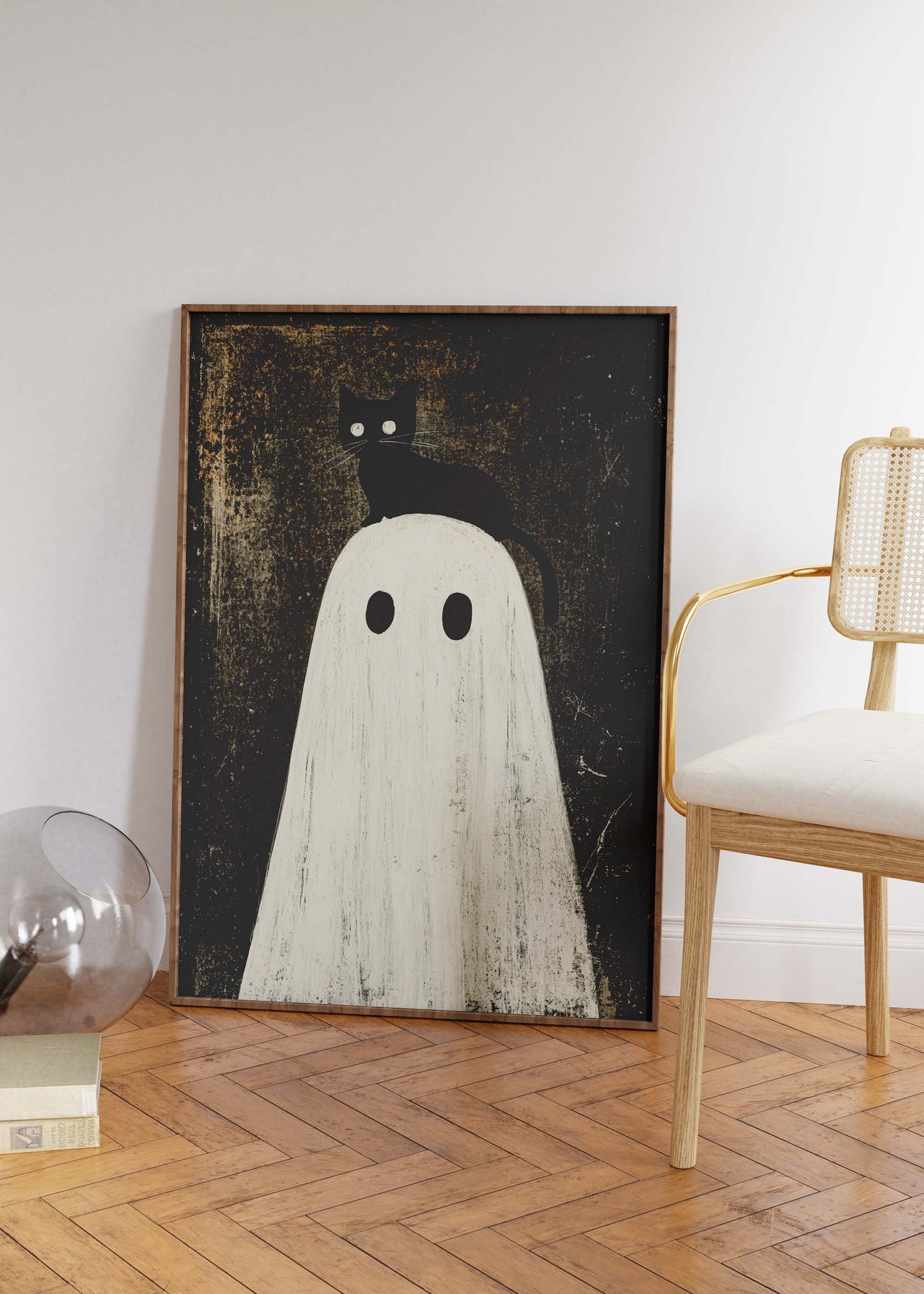 Black Cat Sitting on Ghost's Head Halloween Poster