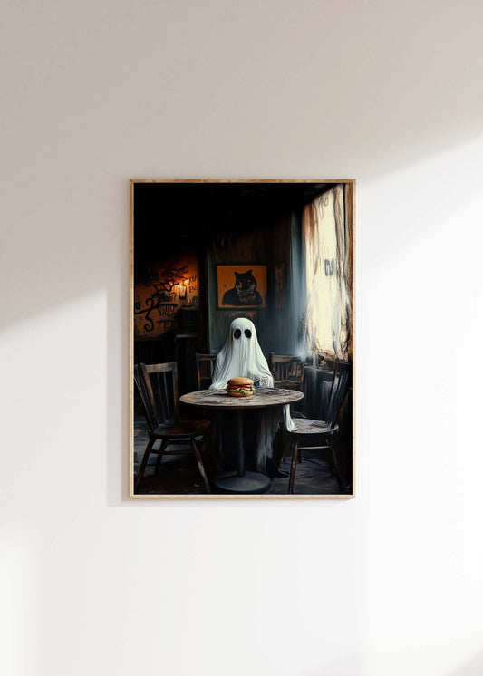 Ghost Eating Burger Halloween Poster Print