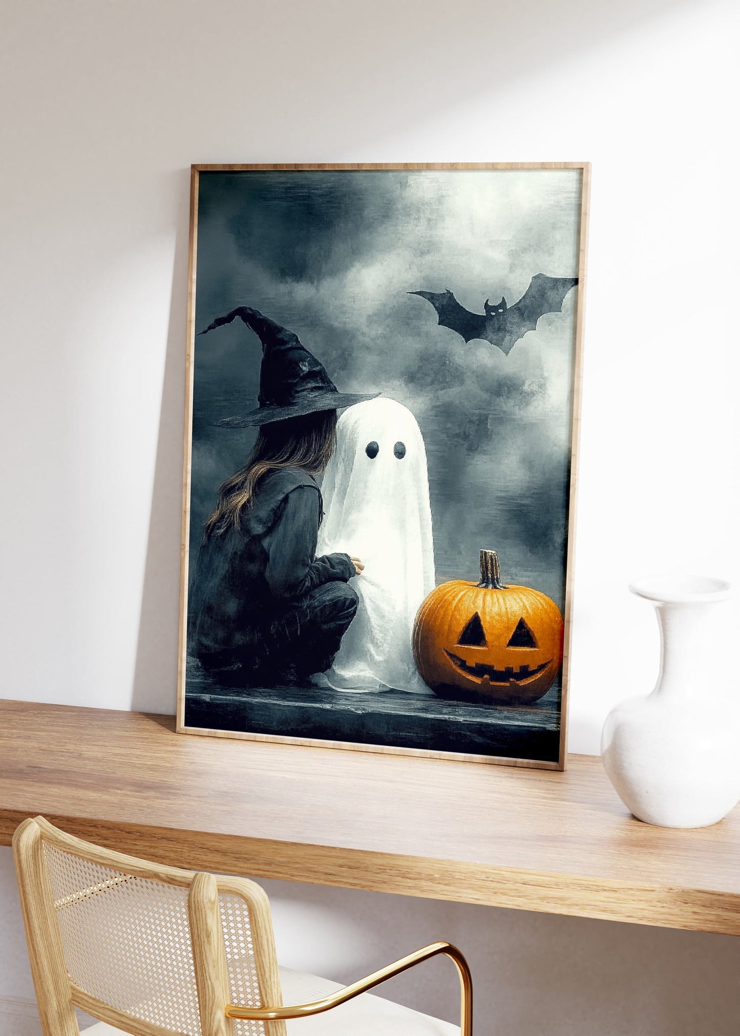 Witch Ghost Bat And Pumpkin Print