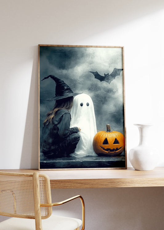 Witch Ghost Bat And Pumpkin Print