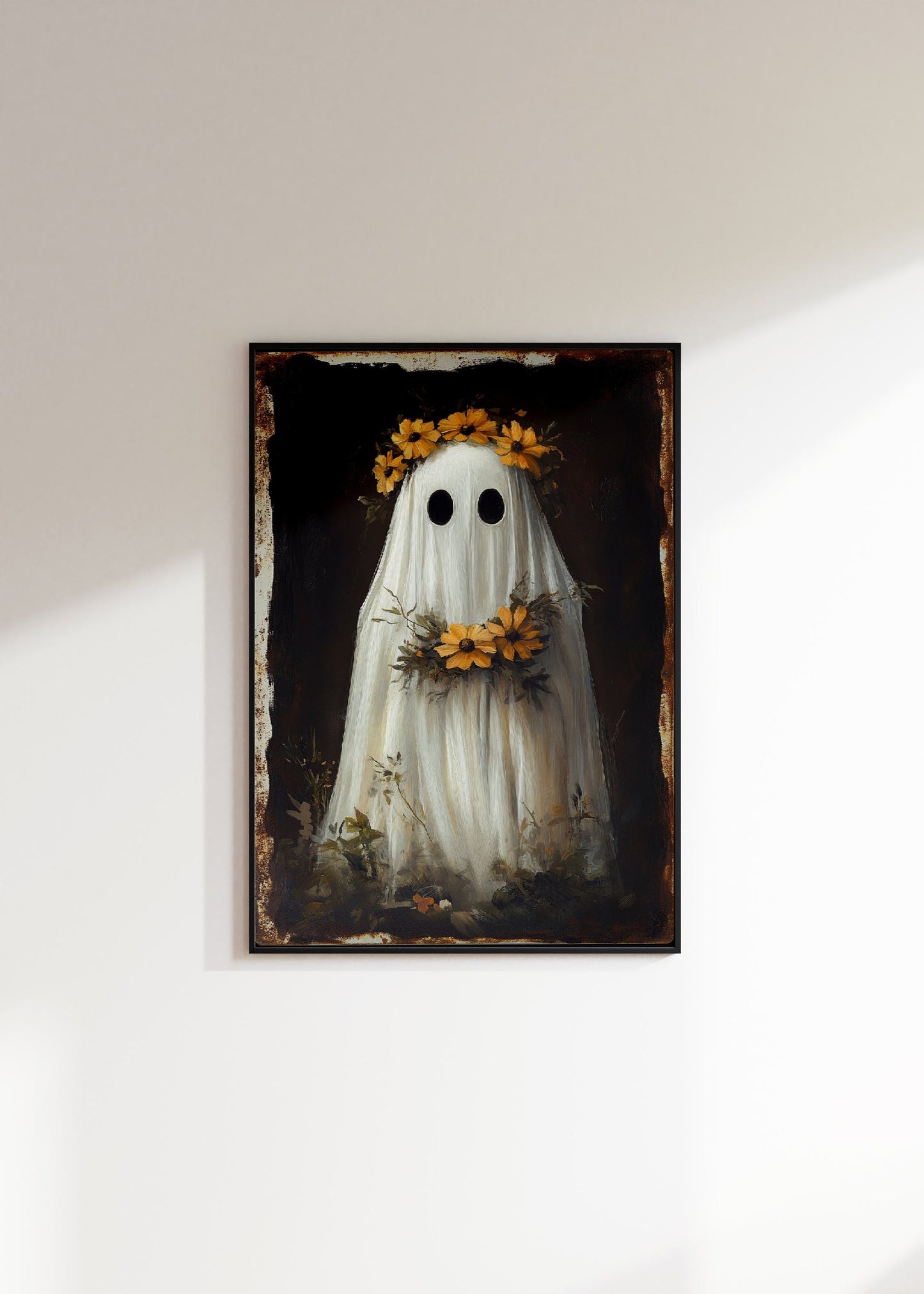 Ghost Wearing Yellow Flower Wreath Print