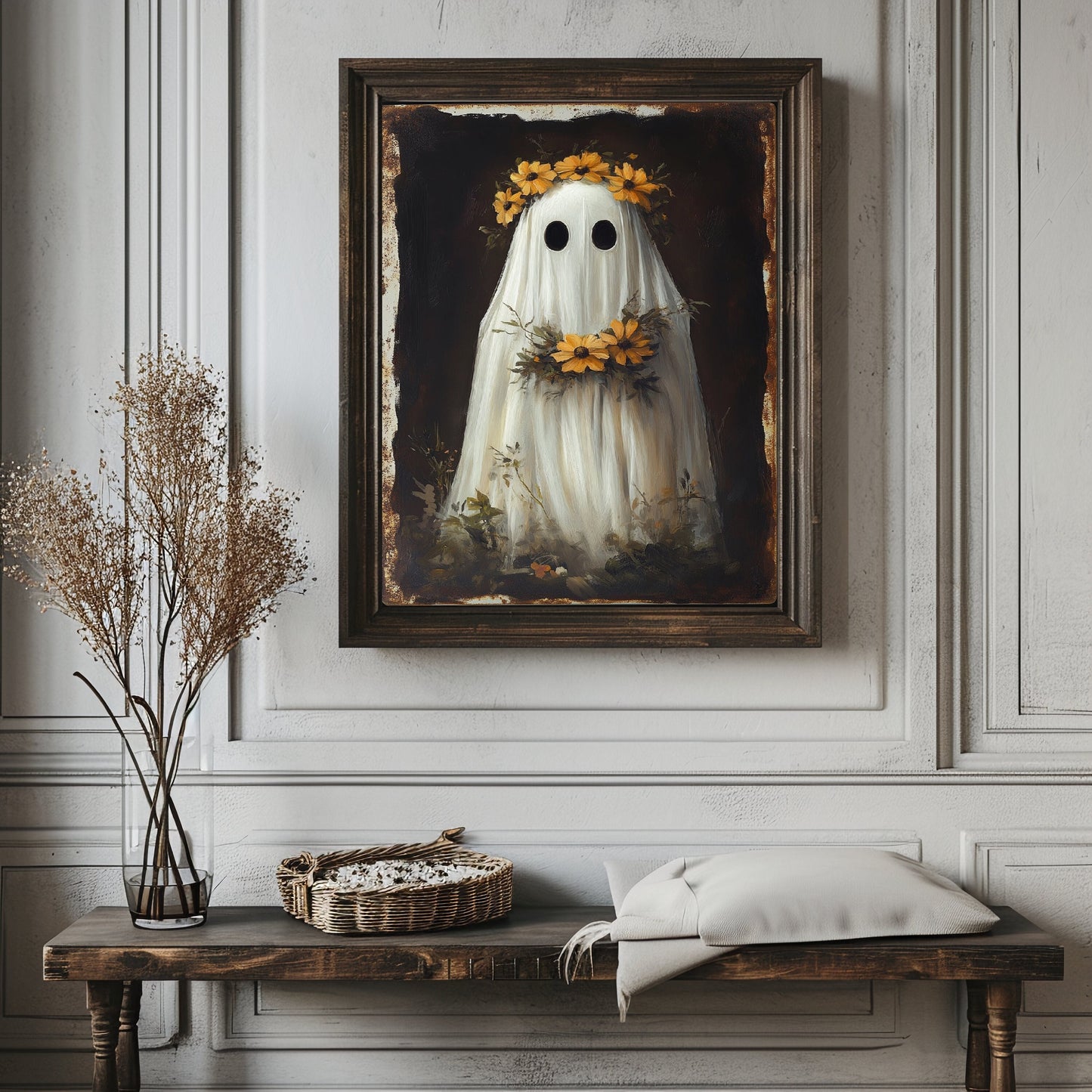 Ghost Wearing Yellow Flower Wreath Print