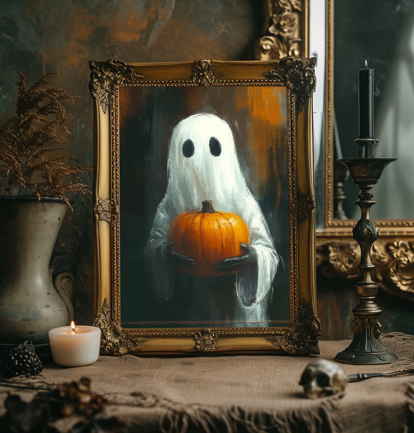 Ghost Holding a Pumpkin Halloween Print