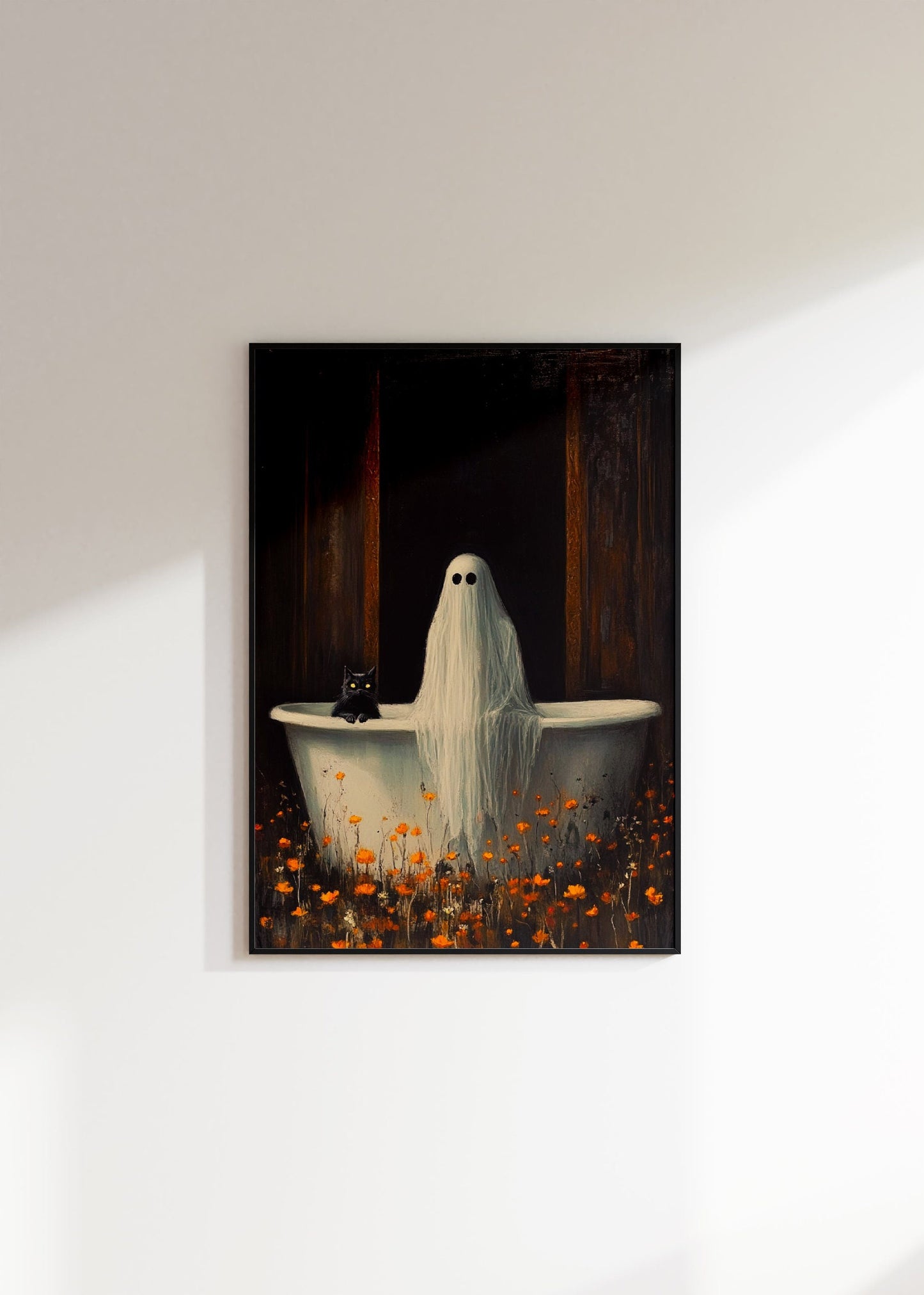 Ghost And Black Cat Taking Bath in Wildflowers Print, Halloween Art Poster, Spooky Ghost Wall Art, Fall Decoration,Wall Decor, Dark Academia