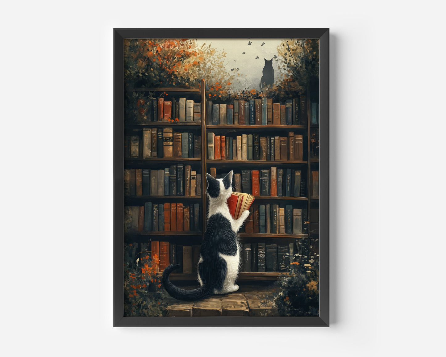 A Cat is Reading a Book in a Library Vintage Poster