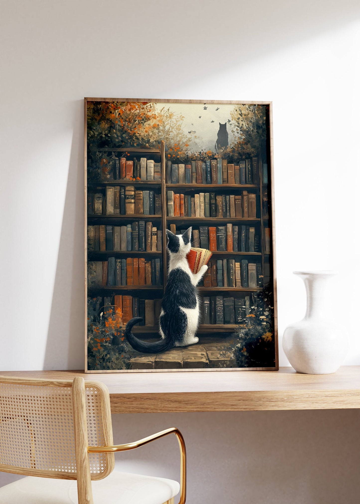 A Cat is Reading a Book in a Library Vintage Poster