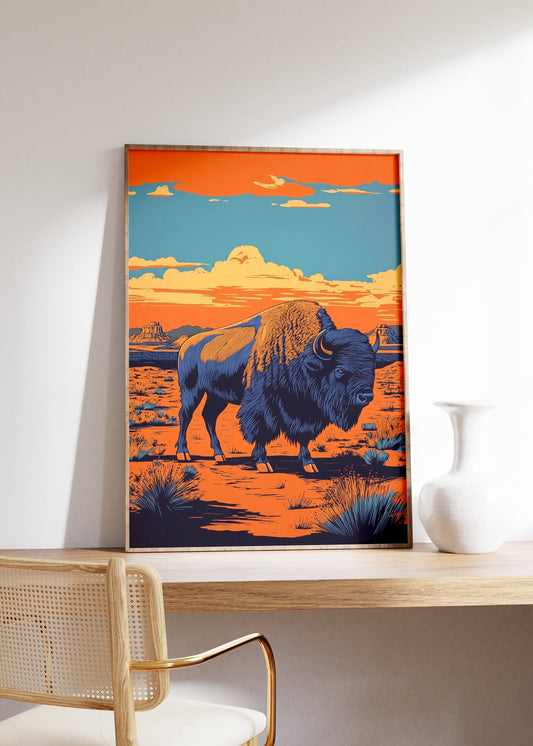 Bison Woodcut Poster