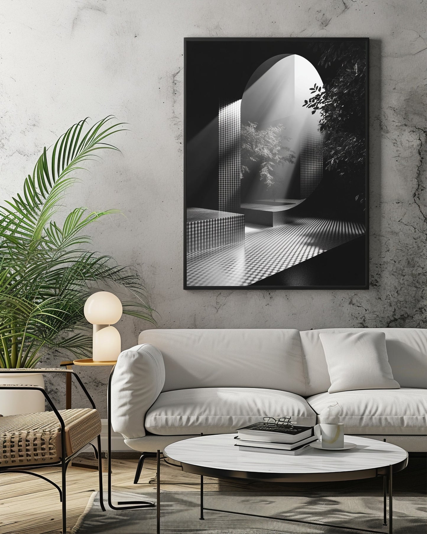 Surreal Monochrome Interior Poster, Geometric Forms and Deep Shadows