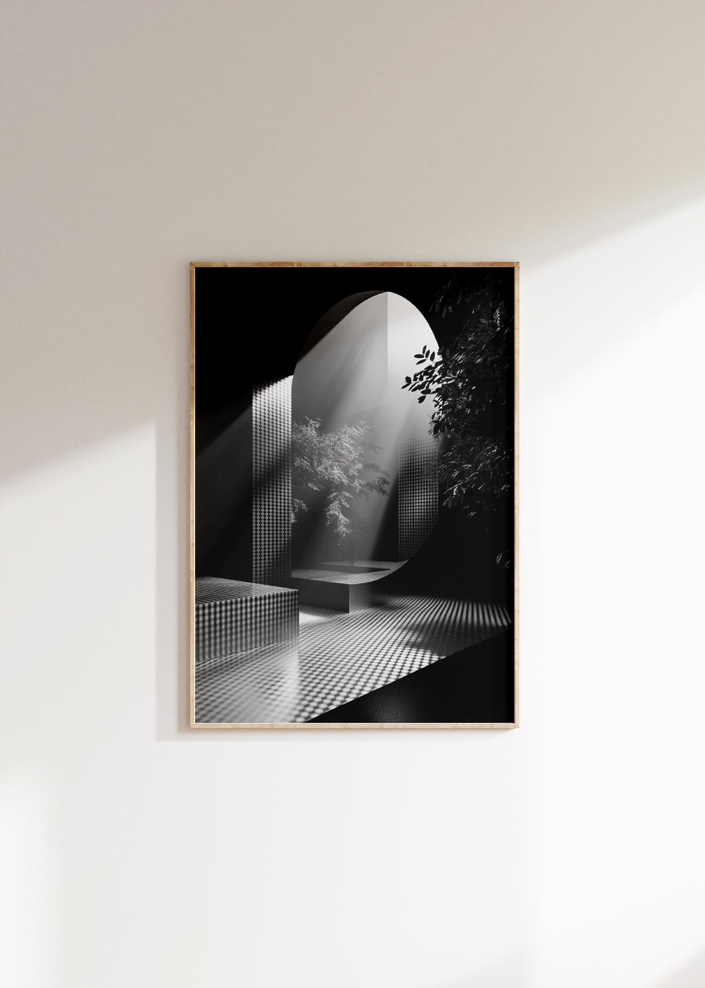 Surreal Monochrome Interior Poster, Geometric Forms and Deep Shadows