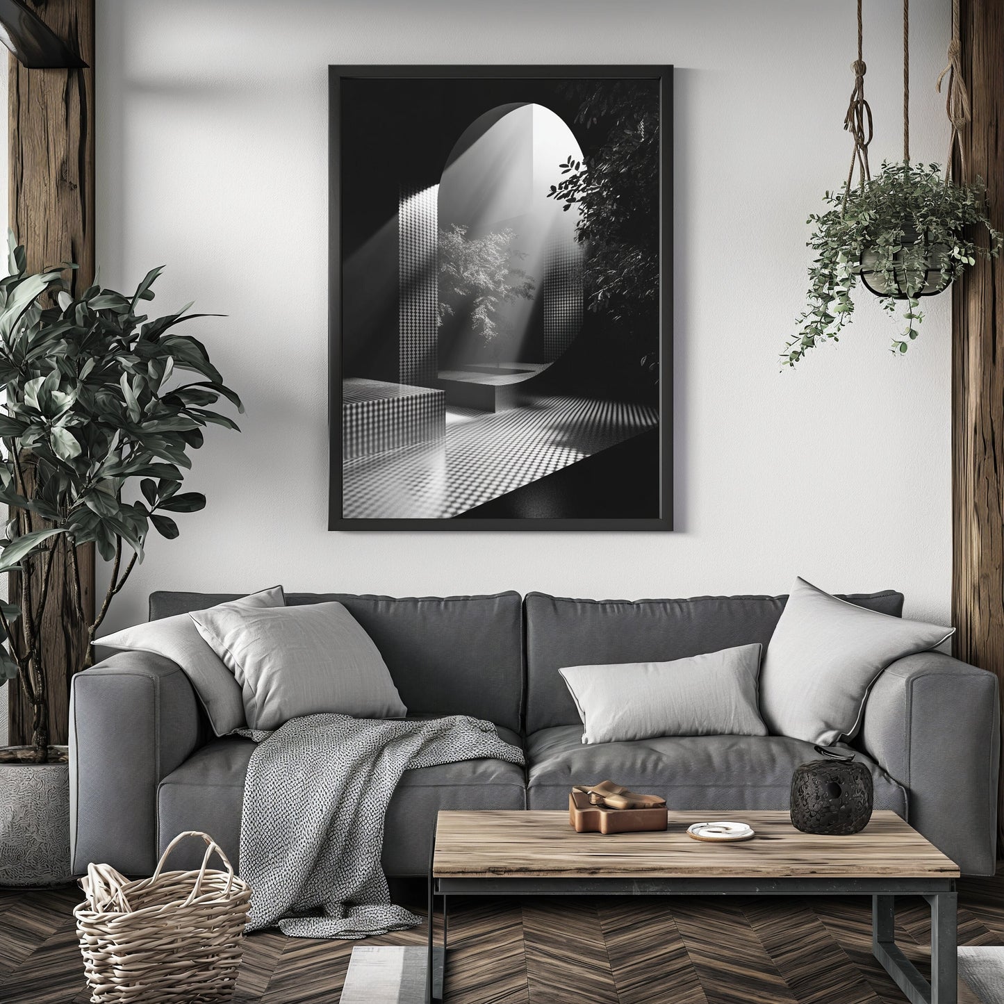 Surreal Monochrome Interior Poster, Geometric Forms and Deep Shadows