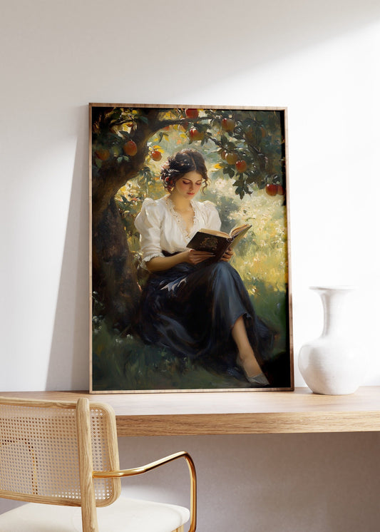 Vintage Woman Reading Book Under a Apple Tree Poster