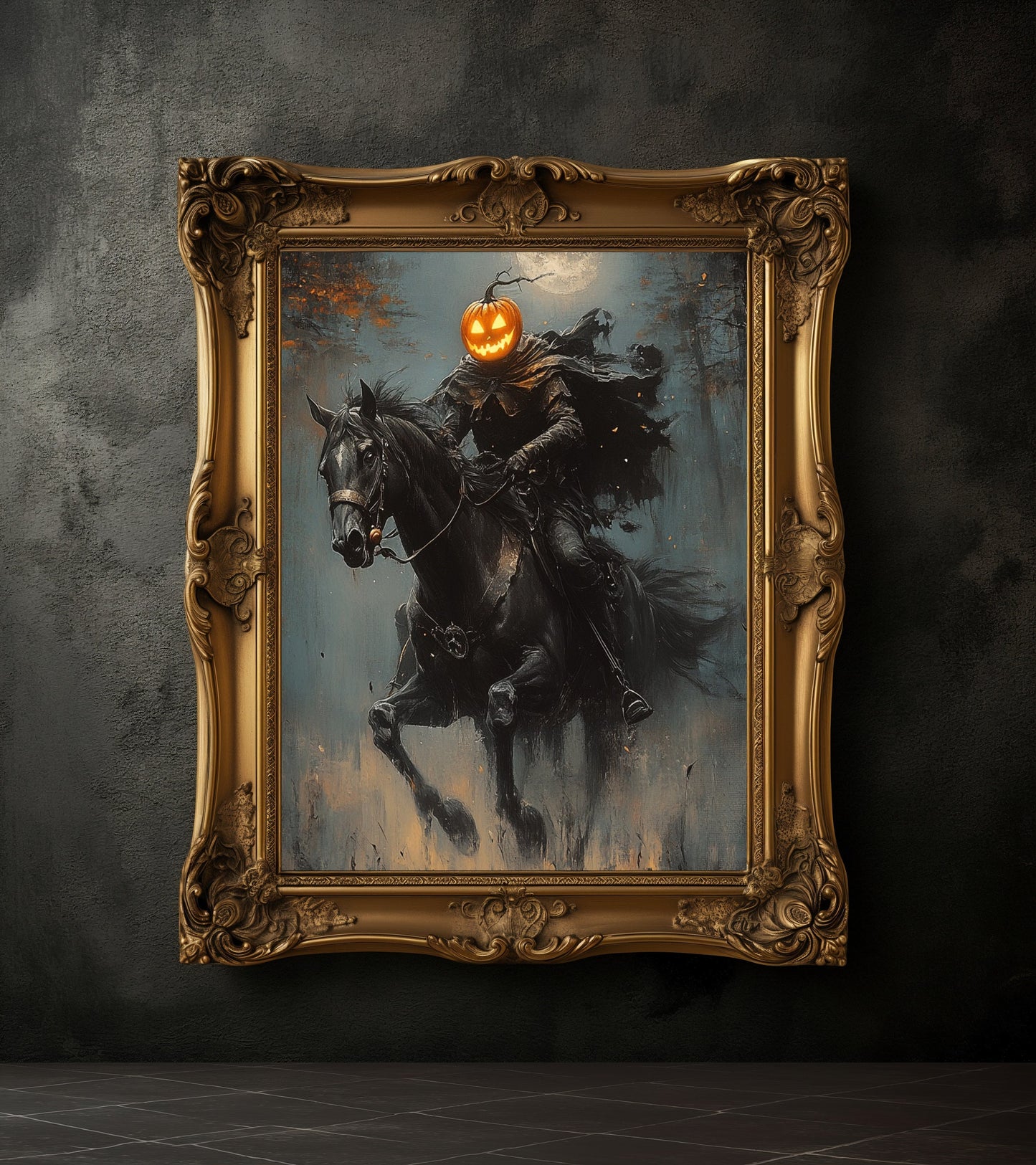 Pumpkin Rider Wall Art, Dark  Moody Fantasy Poster