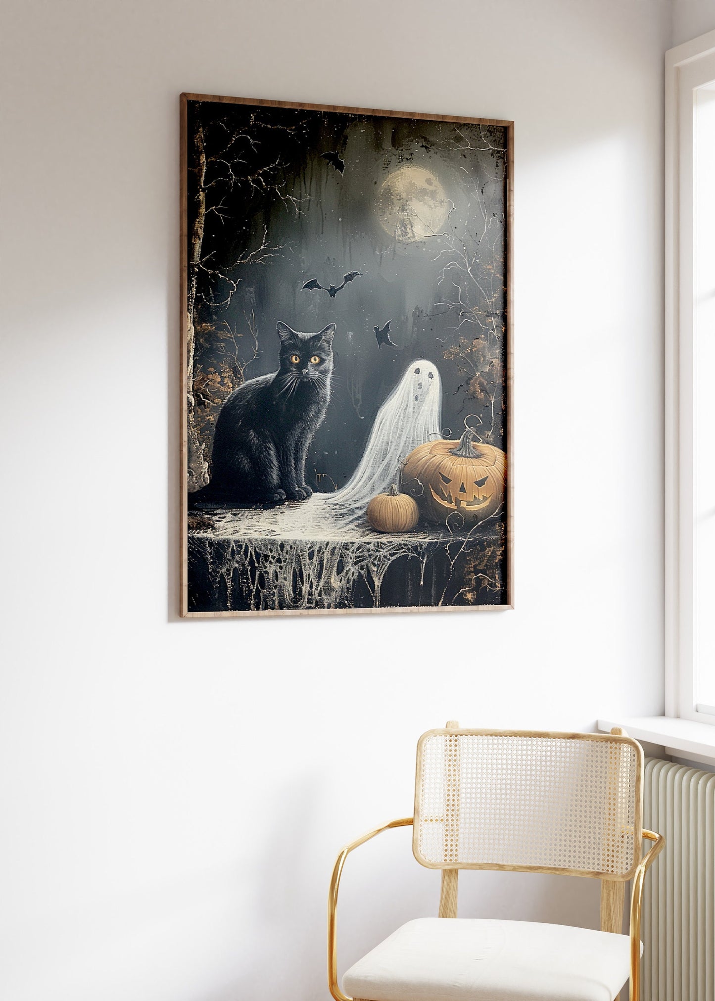 Black Cat Ghost and Pumpkin Halloween Poster