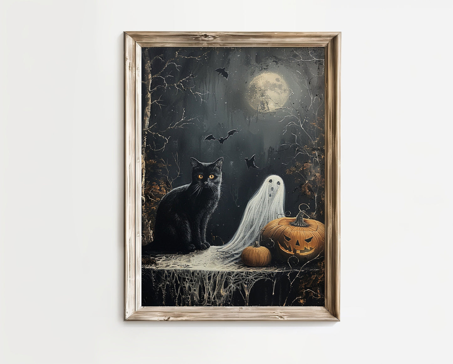 Black Cat Ghost and Pumpkin Halloween Poster