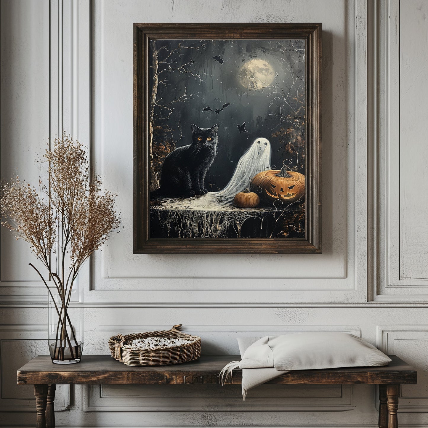 Black Cat Ghost and Pumpkin Halloween Poster