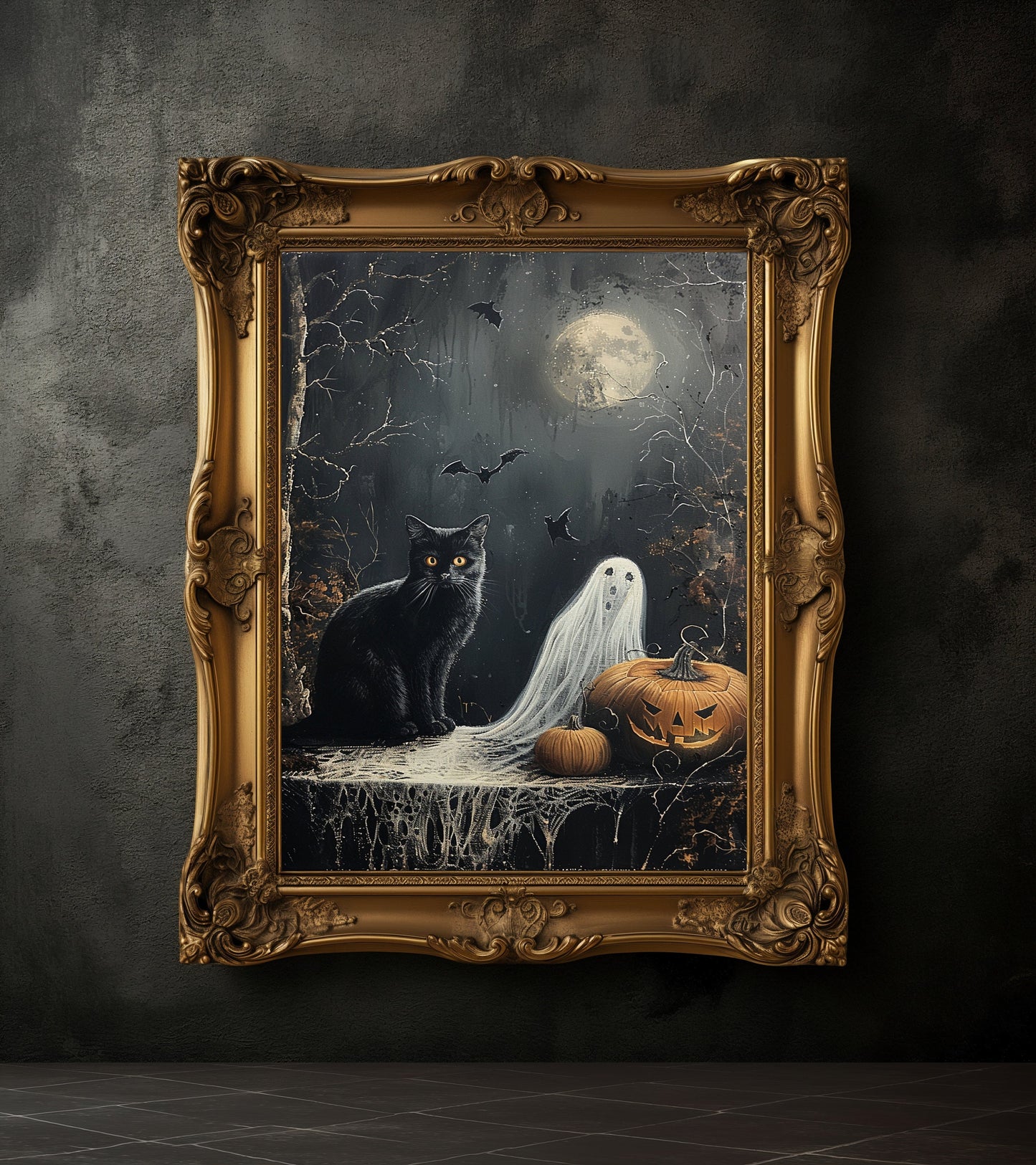 Black Cat Ghost and Pumpkin Halloween Poster