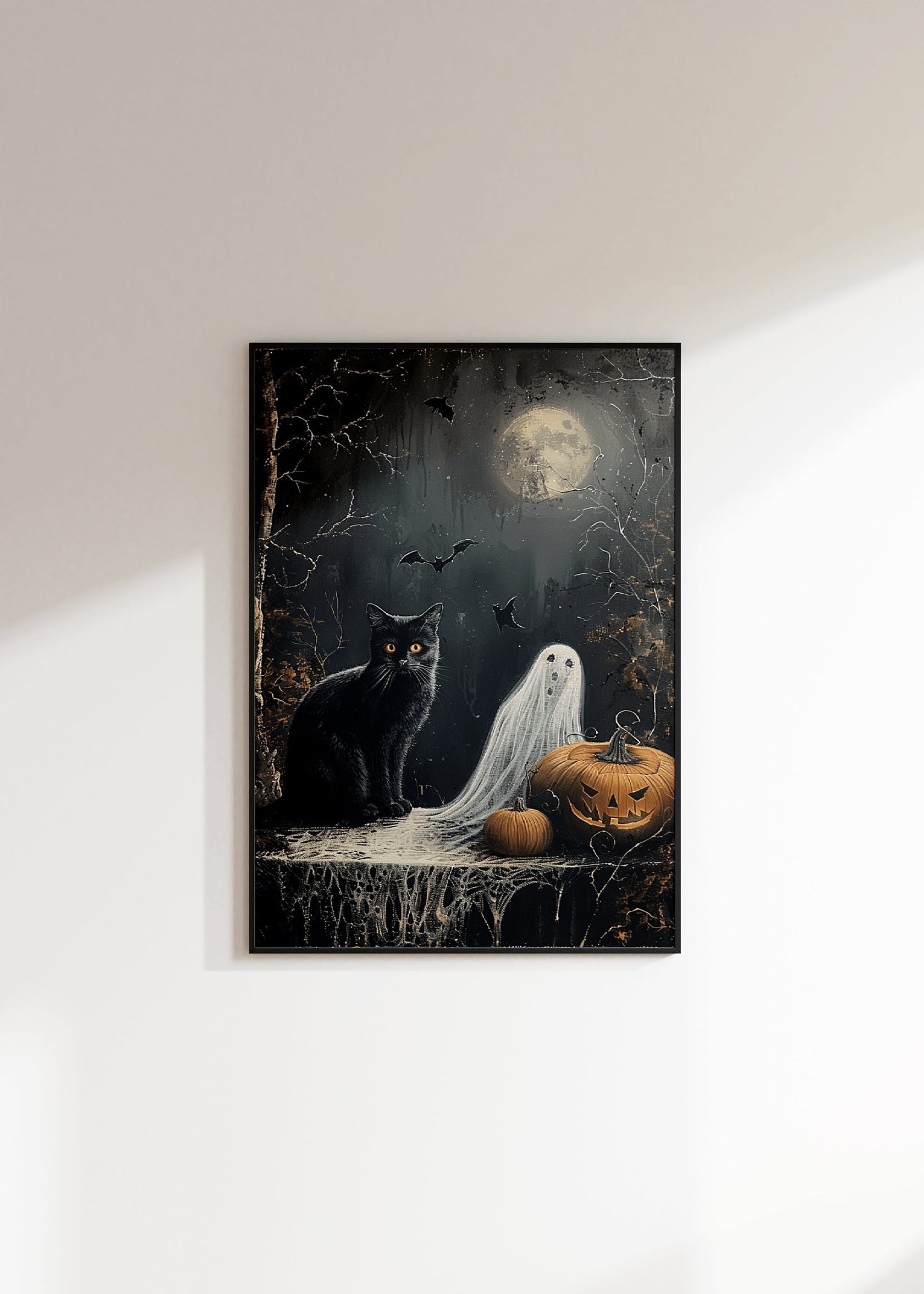 Black Cat Ghost and Pumpkin Halloween Poster