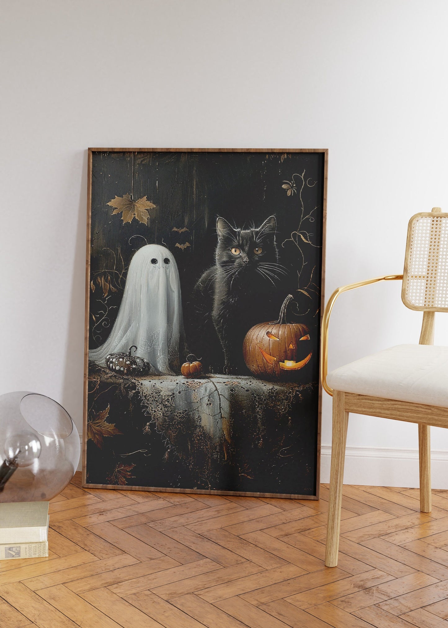 Black Cat Ghost and Pumpkin Halloween Poster