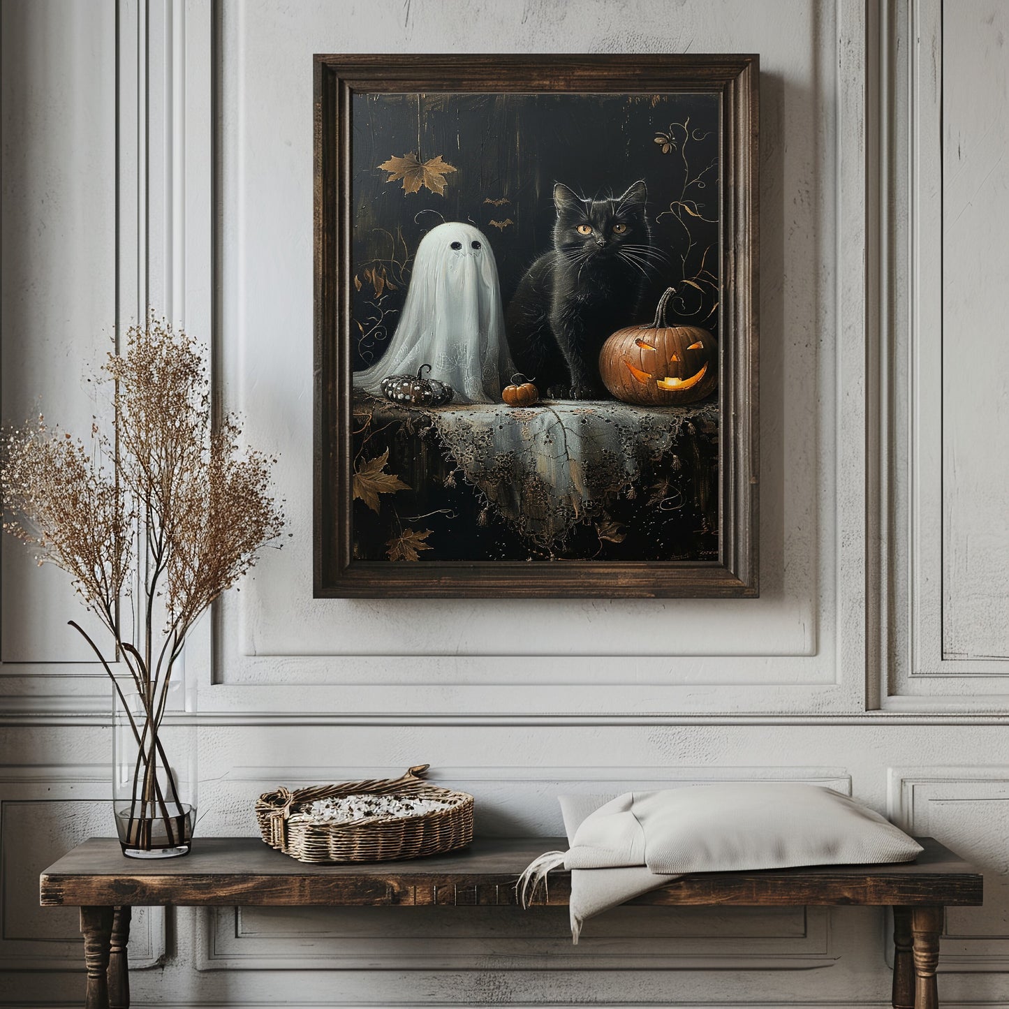 Black Cat Ghost and Pumpkin Halloween Poster