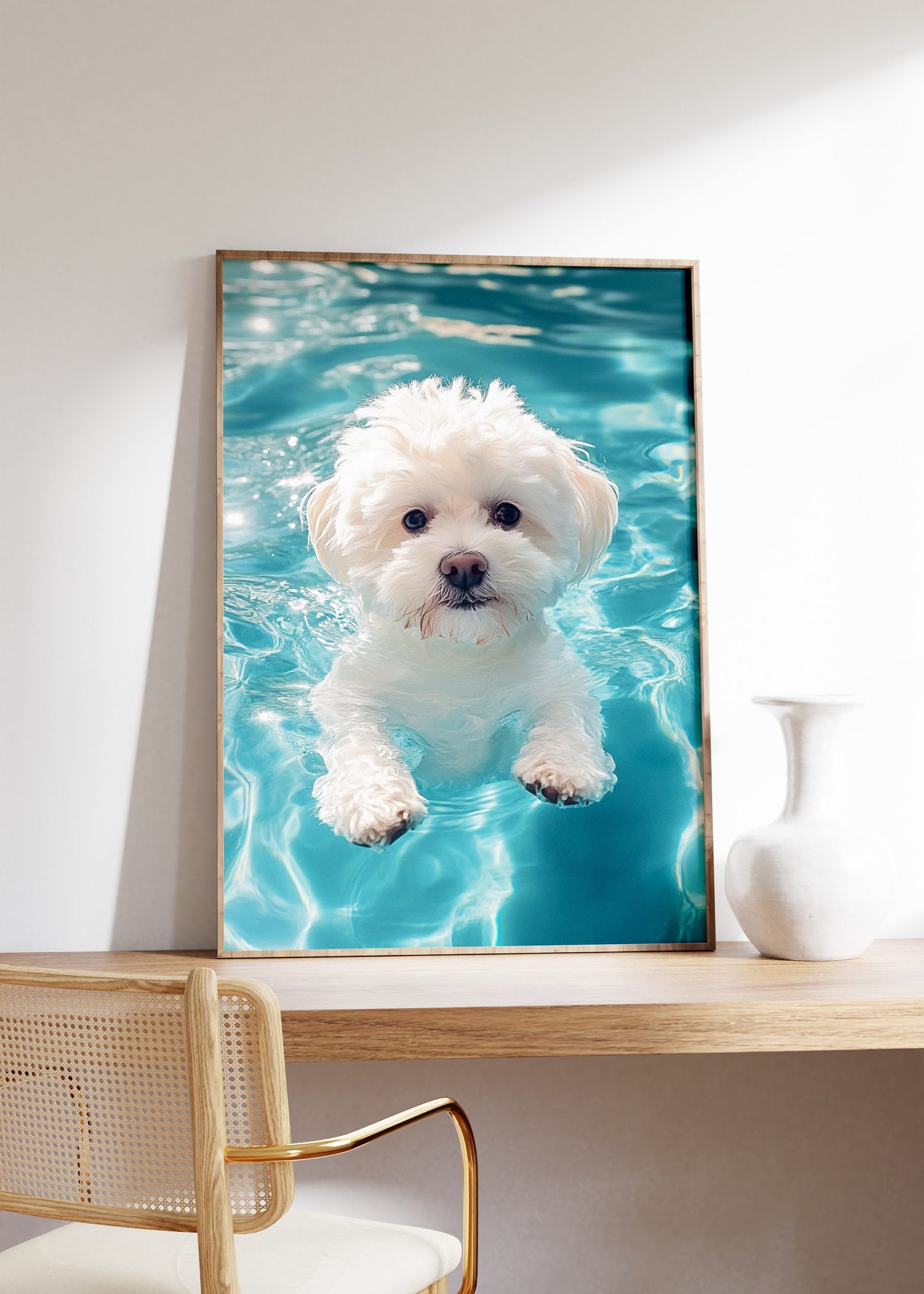 Baby Bichon Dog Floating in The Pool Poster