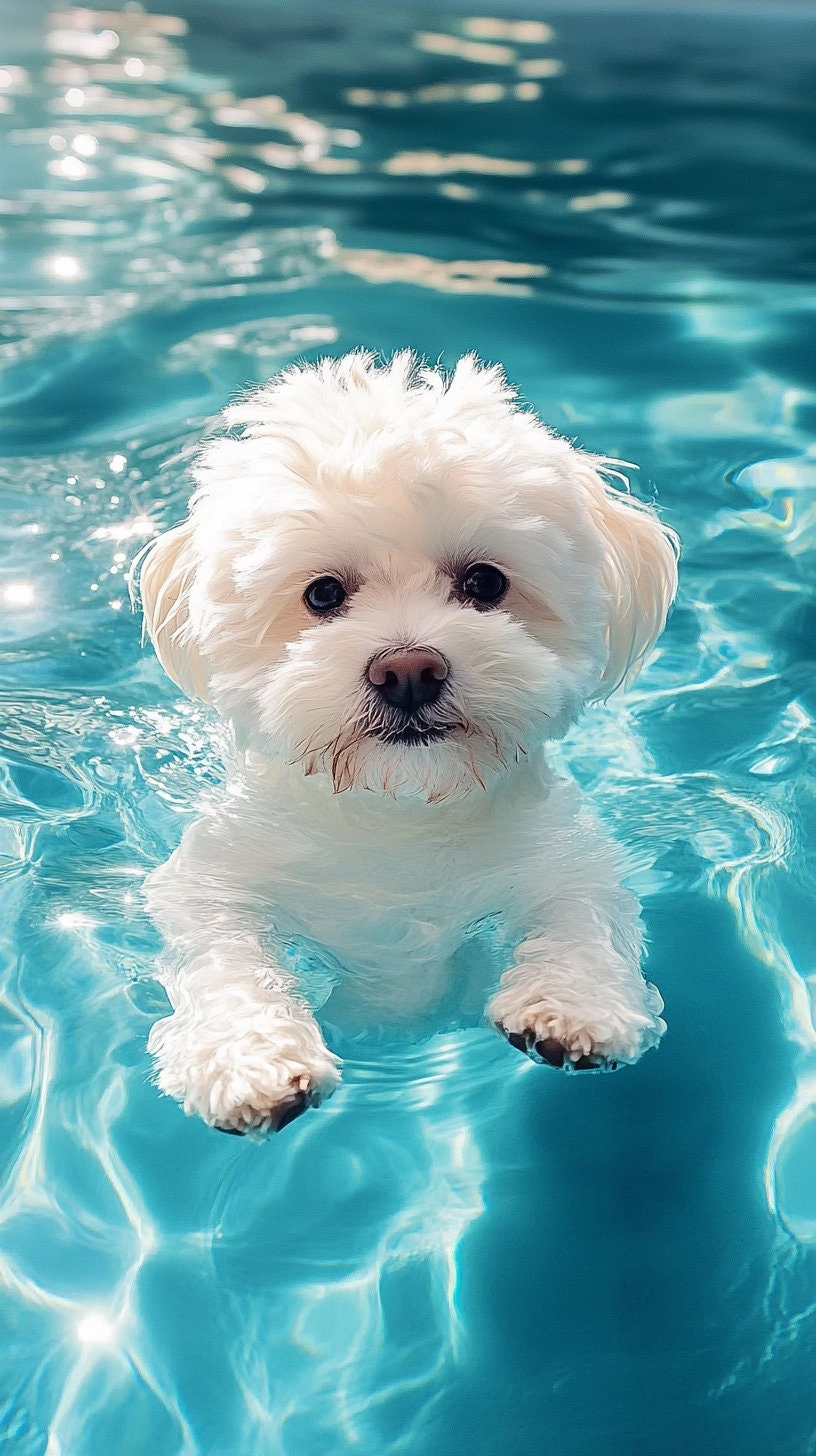 Baby Bichon Dog Floating in The Pool Poster