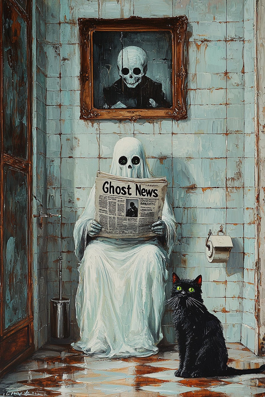 Ghost Reading Newspaper on Toilet Print