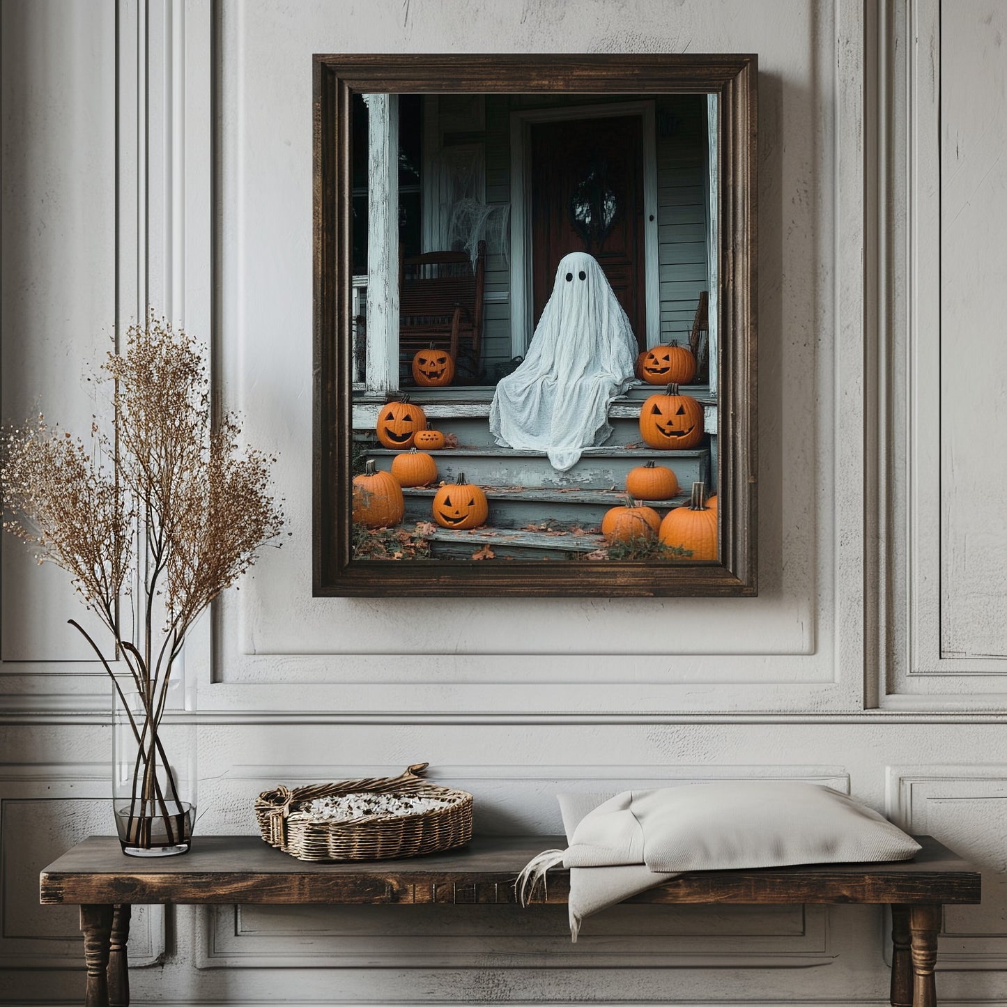 Ghost Sitting on the Front Porch Steps of an Old House, Dark Academia, Whimsical Ghost Bathroom Portrait Halloween Vintage Poster, Gothic