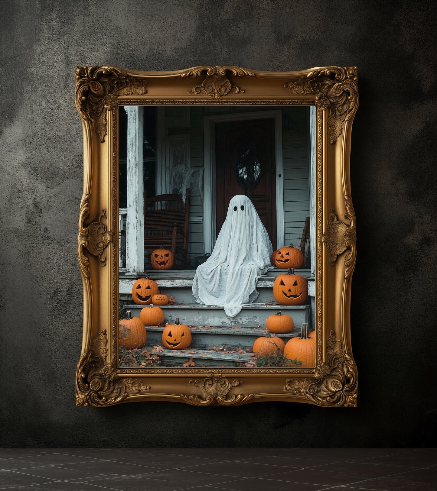 Ghost Sitting on the Front Porch Steps of an Old House, Dark Academia, Whimsical Ghost Bathroom Portrait Halloween Vintage Poster, Gothic