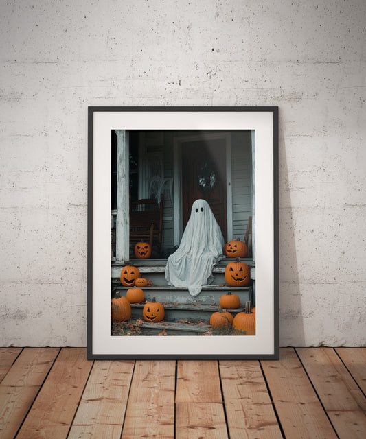 Ghost Sitting on the Front Porch Steps of an Old House, Dark Academia, Whimsical Ghost Bathroom Portrait Halloween Vintage Poster, Gothic