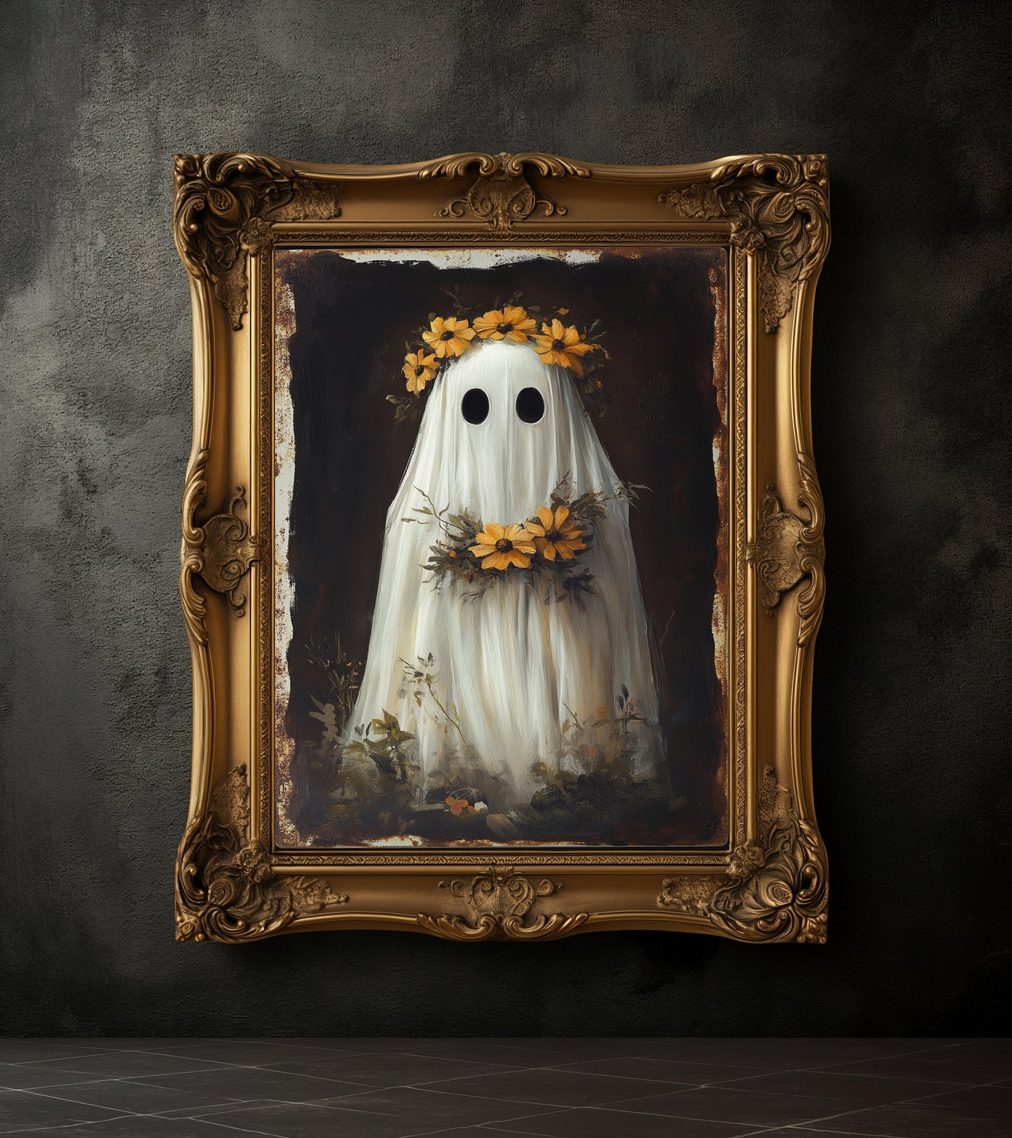 Ghost Wearing Yellow Flower Wreath Print