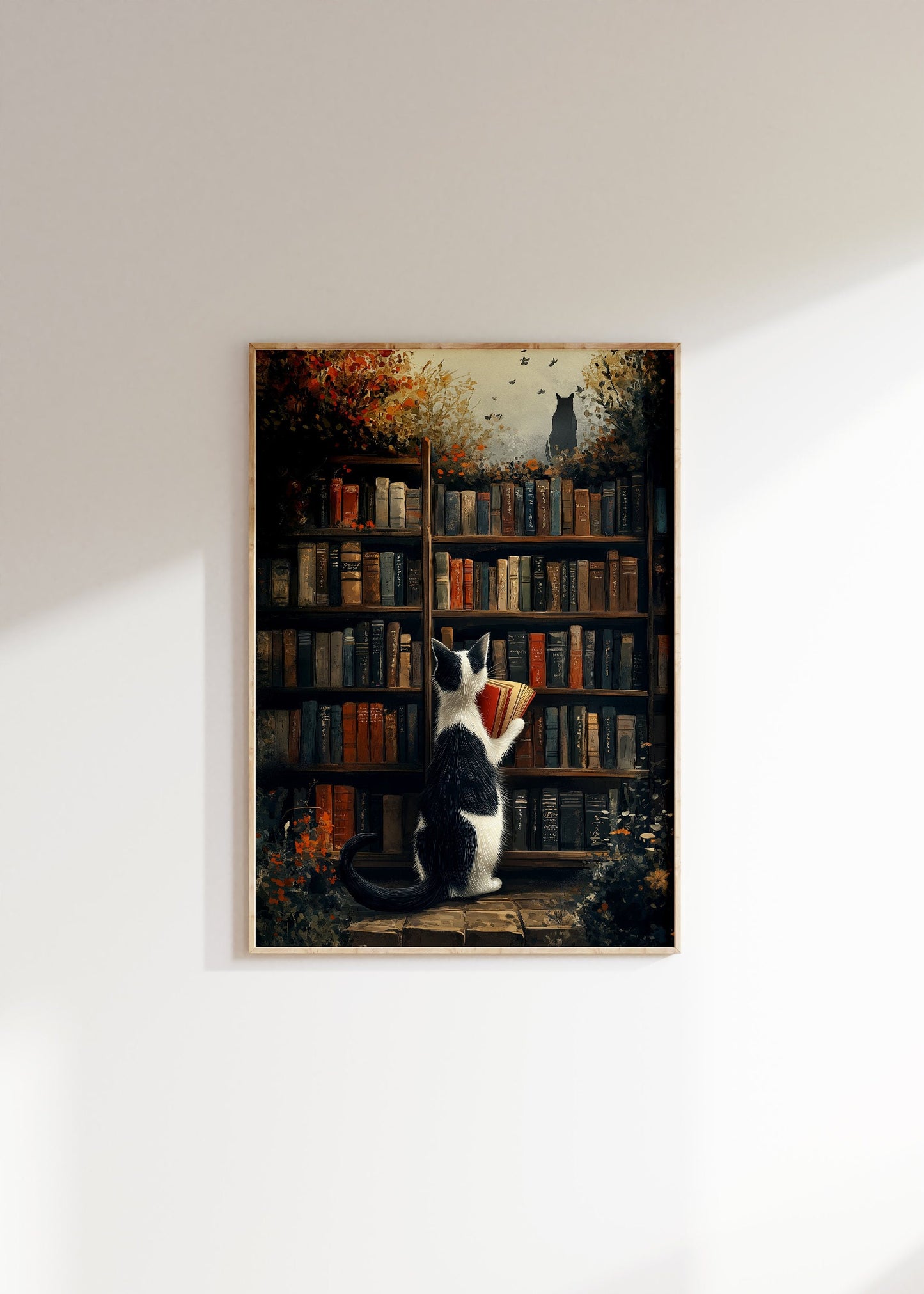 A Cat is Reading a Book in a Library Vintage Poster