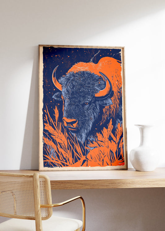 Bison Woodcut Poster