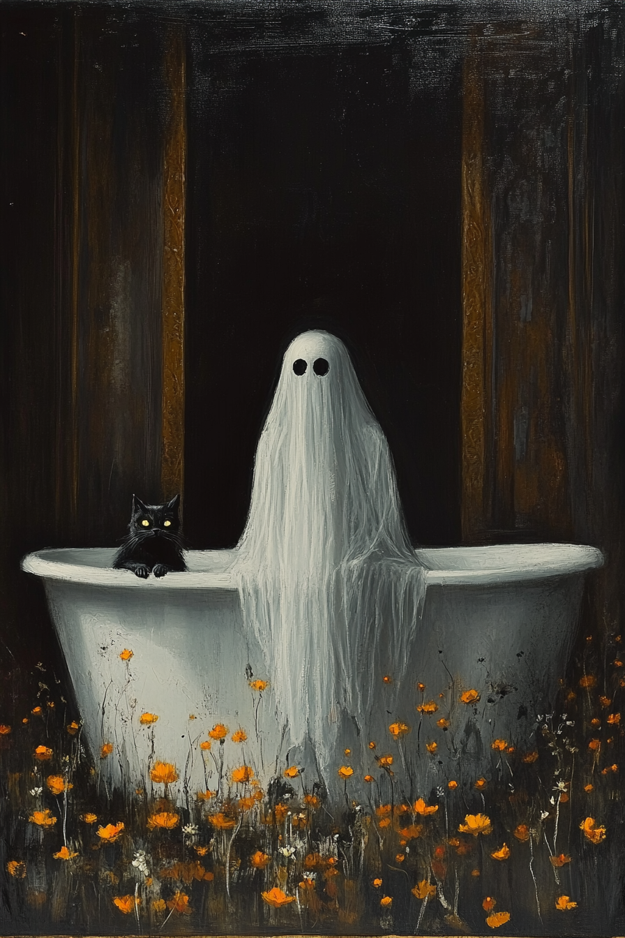 Ghost And a Black Cat Taking Bath in Wildflowers